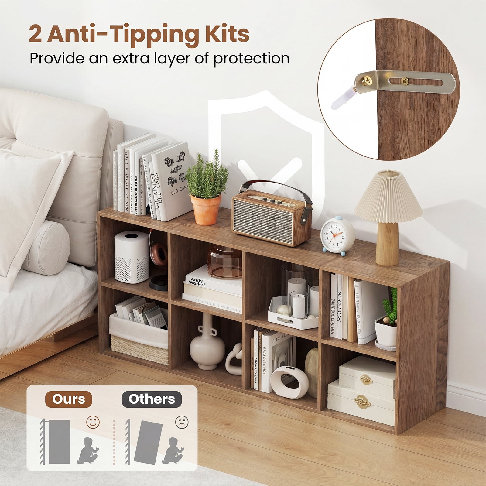 Costway 8-Cube Bookcase Bookshelf with 2 Anti-Tipping Kits Storage Organizer,Natural Natural