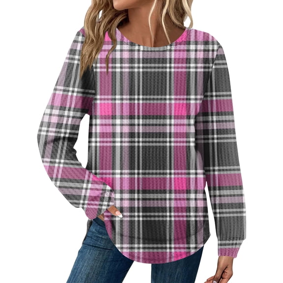 Kixjoy Crewneck Sweaters for Women Oversized Casual Long Sleeve Tunic Top Loose Fit Waffle Knit Striped Shirts Fashion Fall Womens Tops, Hot Pink L