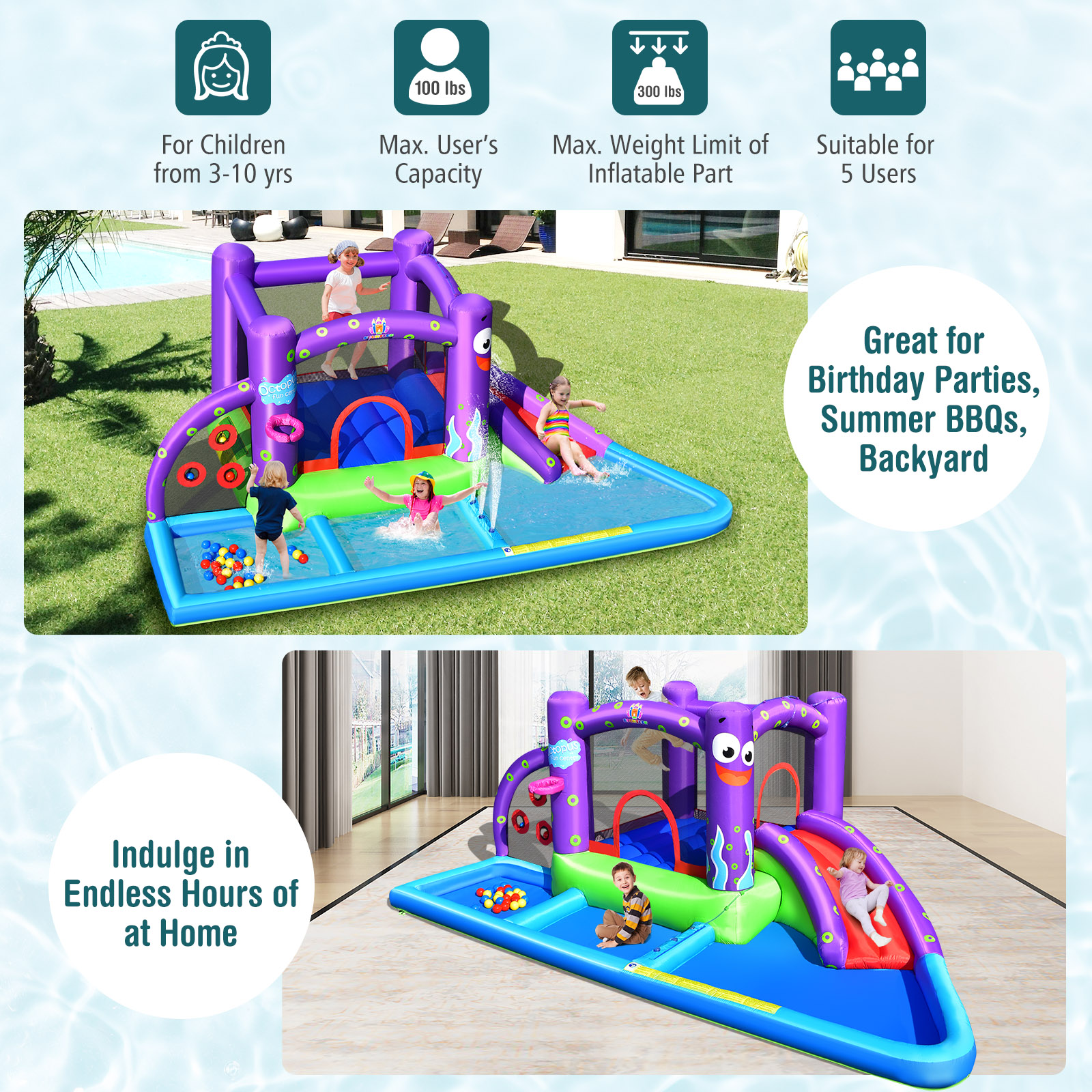 Infans Inflatable Water Slide Castle Kids Bounce House w/ Octopus Style & 750W Blower
