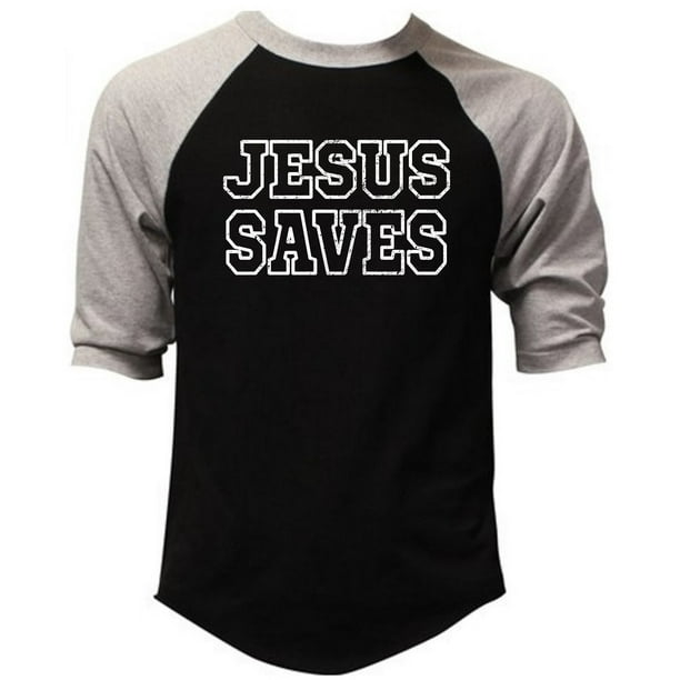 Men's Jesus Saves Black/Gray Raglan Baseball TShirt Large Black/Gray