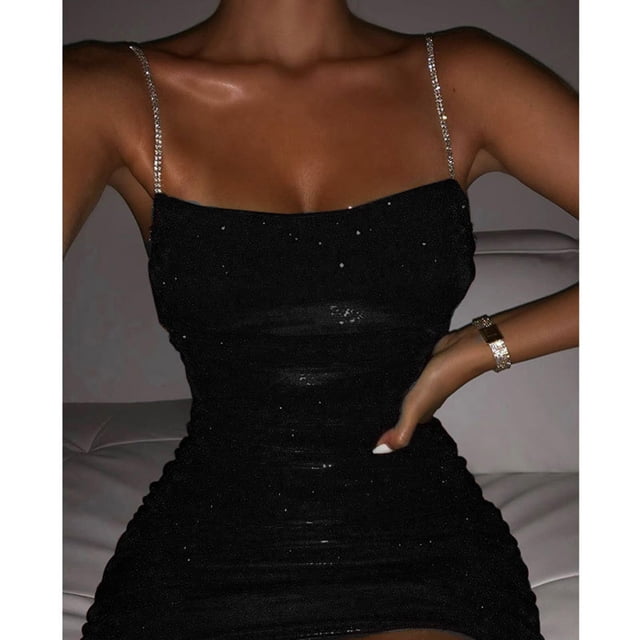 Mikilon Women Sequins Flash Chip Solid Club Night Backless Chain Buttocks Sleeveless Short Dress