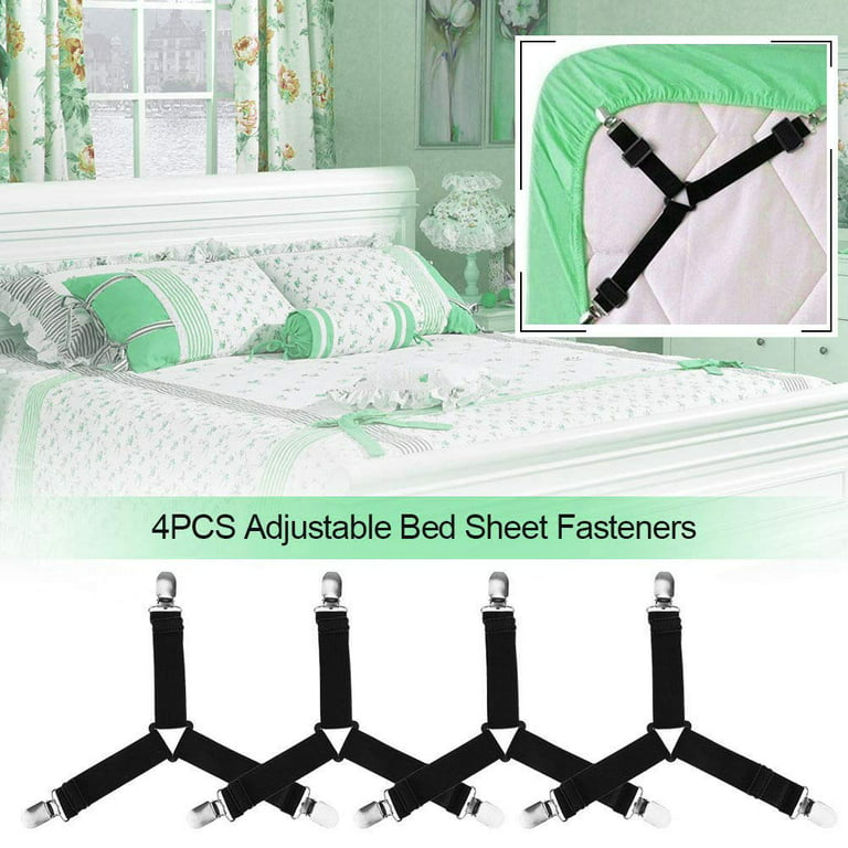  4 Pcs Black Bed Sheet Holder Straps, 3 Way Sheet Fasteners with  Heavy Duty Grippers, Adjustable Triangle Elastic Suspenders Gripper Holder  Straps Clip for Bed Sheets, Mattress Covers, Sofa Cushion 