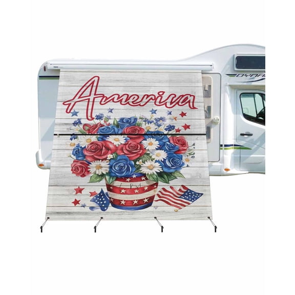 4th of July RV Awning Sun Shade Screen 9'X7' Red Blue Rose Mesh Sunscreen Floral America Wood Grain Awning Shade Screen with Zipper UV Blocker Completed Kits Outdoor Canopy for RV Motorhome Camper