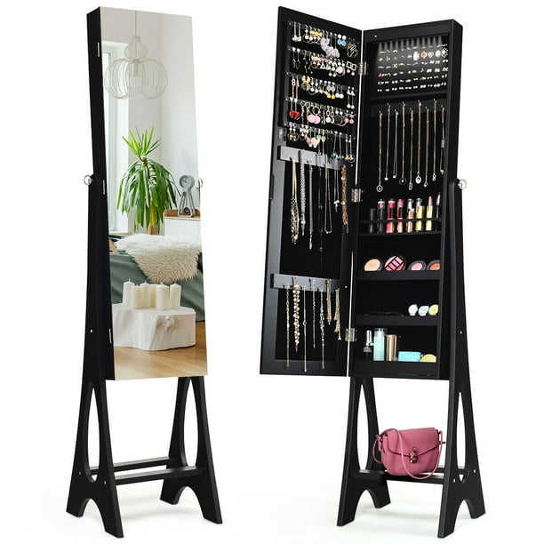 Costway Led Jewelry Cabinet Armoire Organizer Mirrored Standing W Bevel Edge Mirror Com Costway Led Jewelry Cabinet Armoire, Jewelry Armoire Mirror With Lights