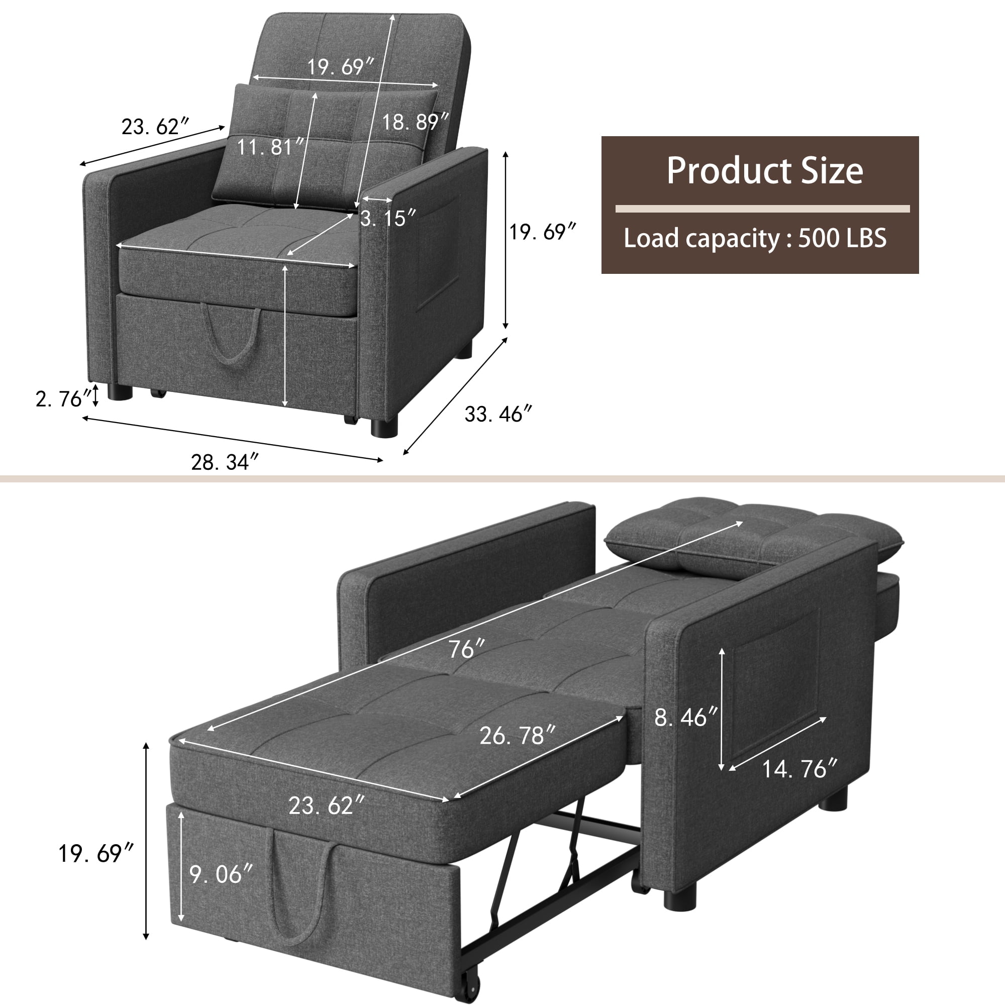 Homall Sleeper Sofa Chair Bed 3 in 1 Convertible Bed Chair Adjustable Sleeper Chair Pullout Sofa Bed,Black