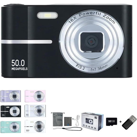 Auracam - 2000's Aesthetic Digital Camera, HD 1080P Portable Small Cameras, 16X Zoom Anti Shake, 2.4 Inch LCD Screen, for Teens Adult Beginner (Black,32G Memory Card)