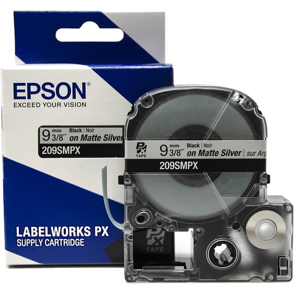 Epson LABELWORKS 209SMPX - Black on Silver Matte PET Label Maker Tape - 3/8" (9MM) Wide, 30'