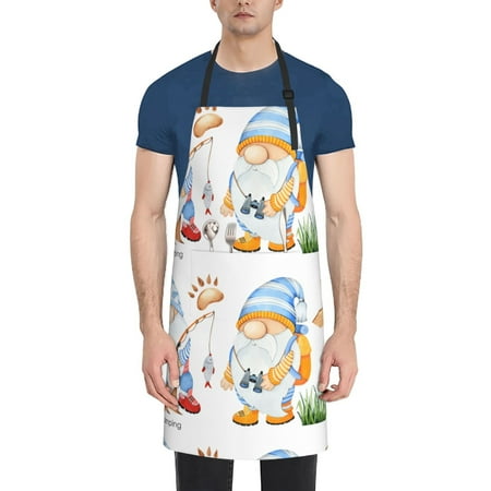 

Pofeuu Gnome Camping Fishing Print Waterproof Apron with Pockets Adjustable Cooking Aprons Kitchen Bib for Baking Household Cleaning