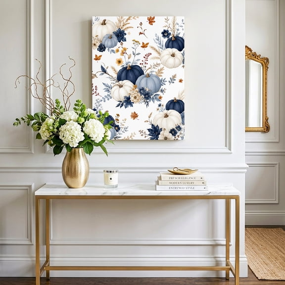 Autumn Thanksgiving Pumpkins Canvas Wall Art, Framed Wall Art Waterproof Canvas Prints Paintings 16"x24", Rustic Fall Flower Leaves Oil Painting for Bedroom Living Room Bathroom Home Decor