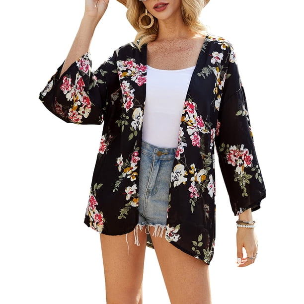 Las mujeres cubren coloridas hojas florales estampadas con mangas anchas de frente abierto de g CACAGOO Kimono de gasa de mujer