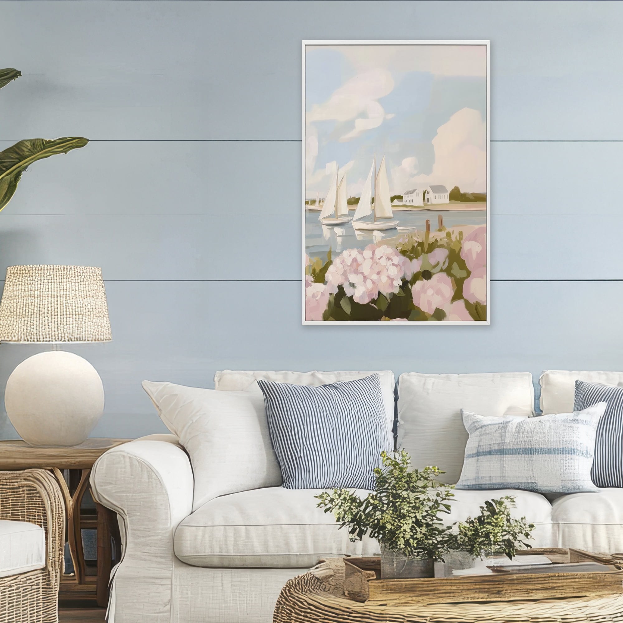 Stupell Industries Pink Hydrangeas with Sailboats White Framed Giclee Art, design by Sisi and Seb