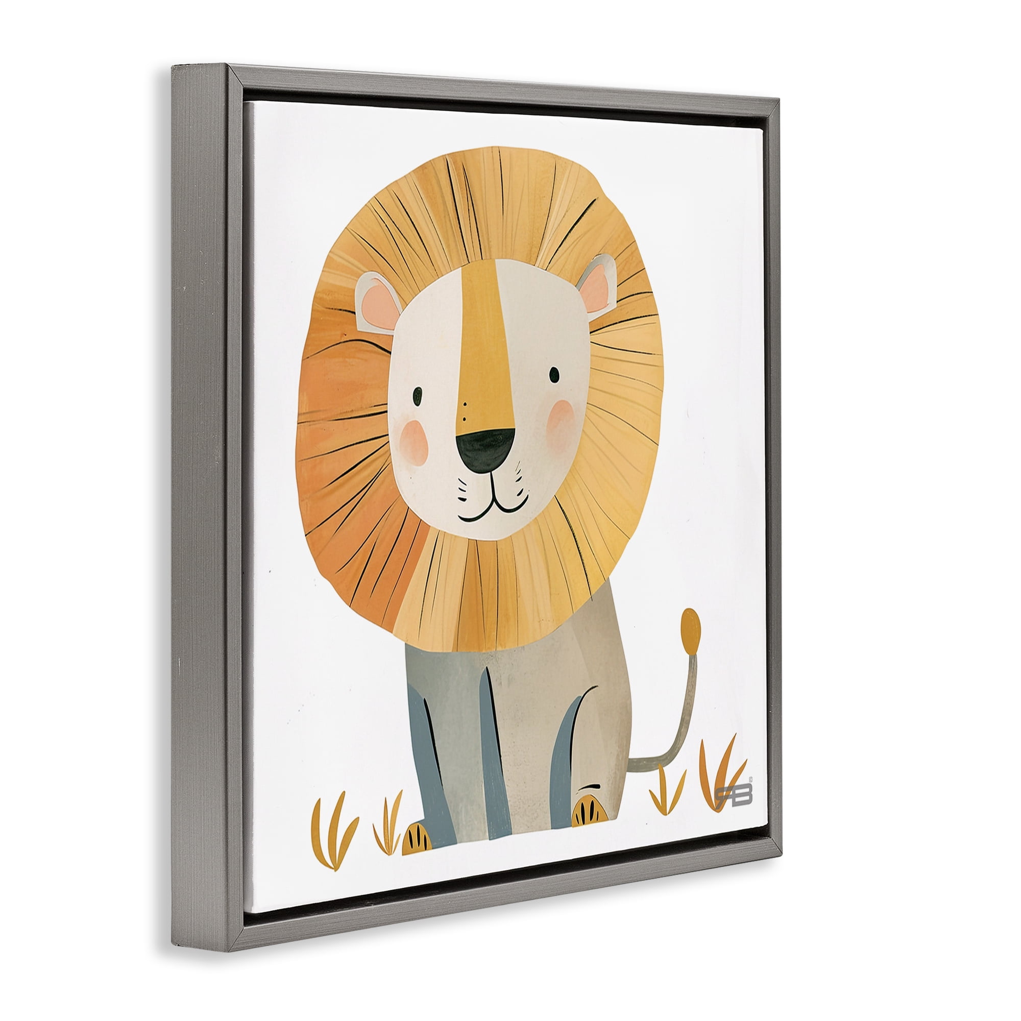 Stupell Industries Smiling Whimsical Lion Animals Painting Gray Floater Framed Canvas Art Print Wall Art, 25 x 25