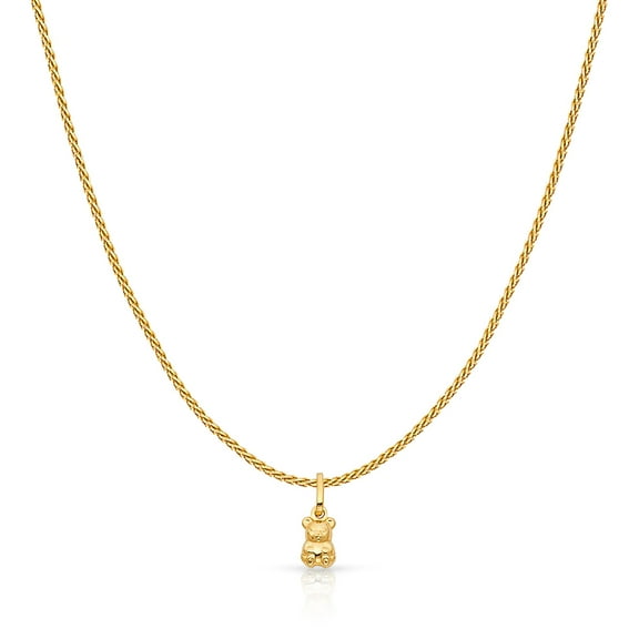 Ioka-14K Yellow Solid Gold Small Sitting Bear Charm Pendant with 0.9mm Wheat Chain Necklace - 16"