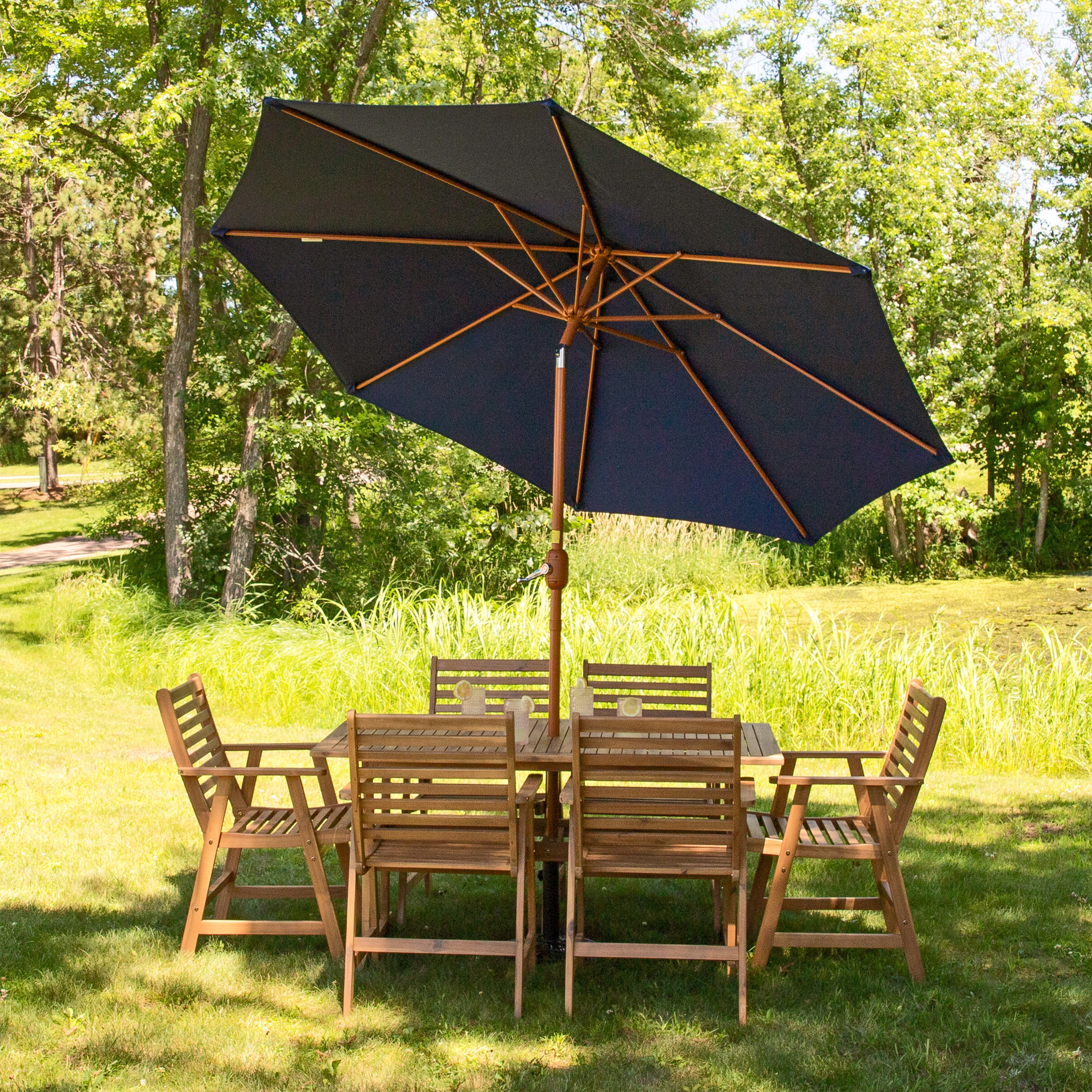 Sunnydaze 8.5 ft Outdoor Patio Umbrella with Push Button Tilt and Crank - Faux Woodgrain Finish - Large Vented Market Umbrella - Navy Blue