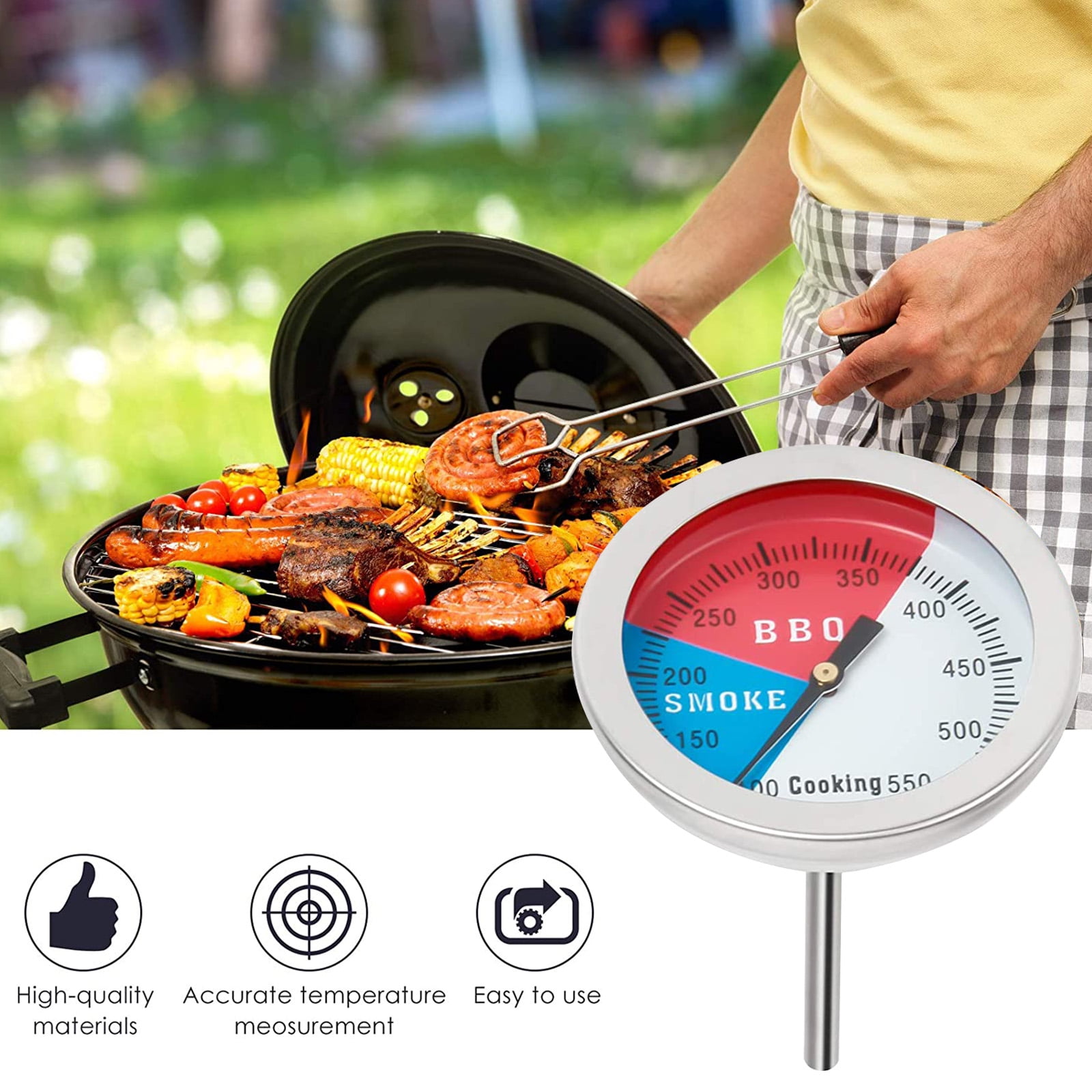 Outdoor BBQ Smoking Thermometer Temp Gauge Grill Smoker Pit Thermostat W 