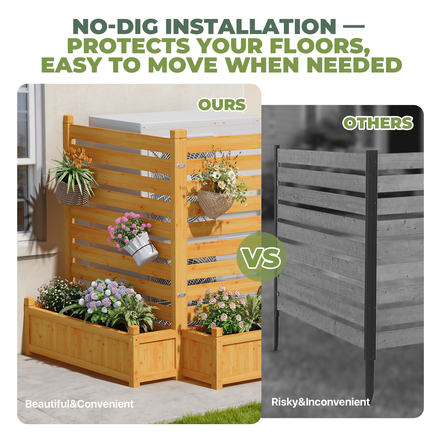 BaPiPro 2-Panel Wooden Planter Fence with Built-in Flower Boxes, Natural Wood Finish for Outdoor Privacy Screen