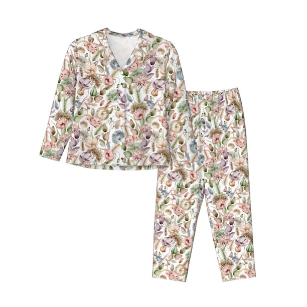Fotbe Floral Conjunto de Pijama de Manga Larga para Mujer con Estampado, Ropa de Dormir de 2 Piezas, Conjunto de Casa Suave y Cómodo con Bolsillos-Large