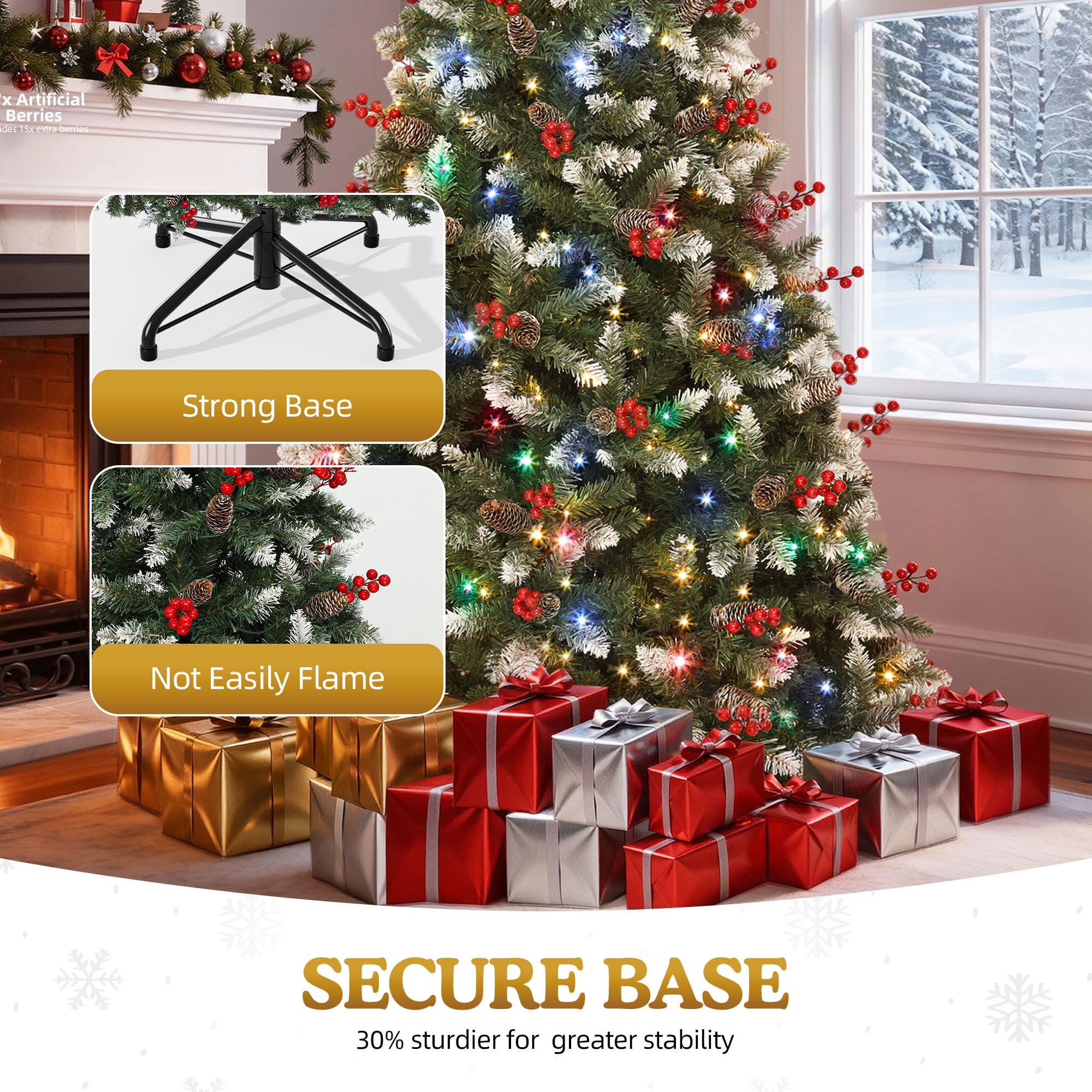 Uforic 7.5ft Pre-Lit Pine Artificial Christmas Tree with 1398 Branch Tips & 550 Lights,  82 Pine Cones & 82 Red Berries, Remote Control, Green