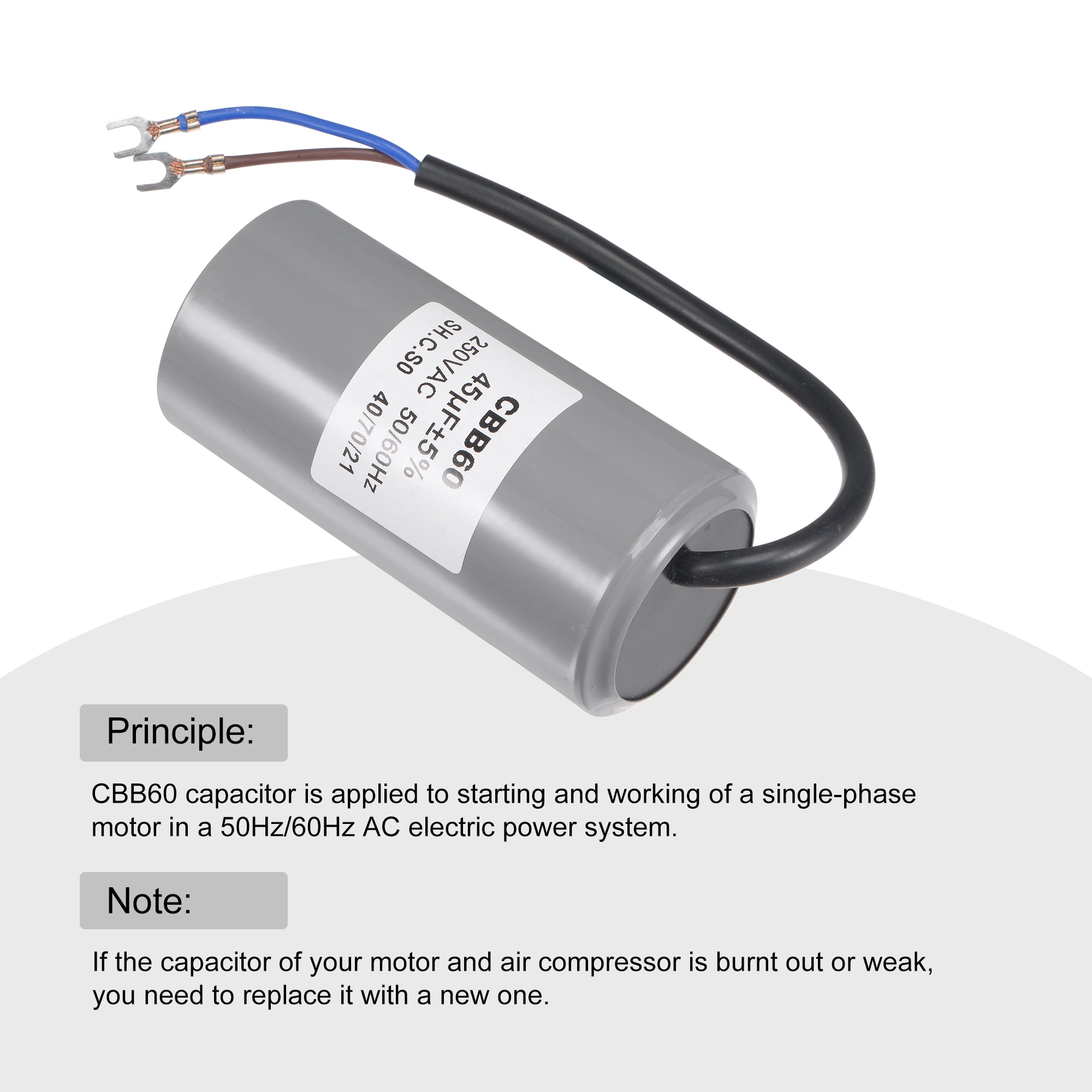 Uxcell 104x50mm 45uF 250V AC 50/60Hz 2 Wires with Terminal CBB60 Run Capacitor