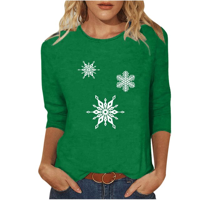 Puntoco Camiseta de mujer con cuello redondo, manga 3/4 y estampado navideño, jersey de cuello redondo, camiseta de manga larga con cuello redondo