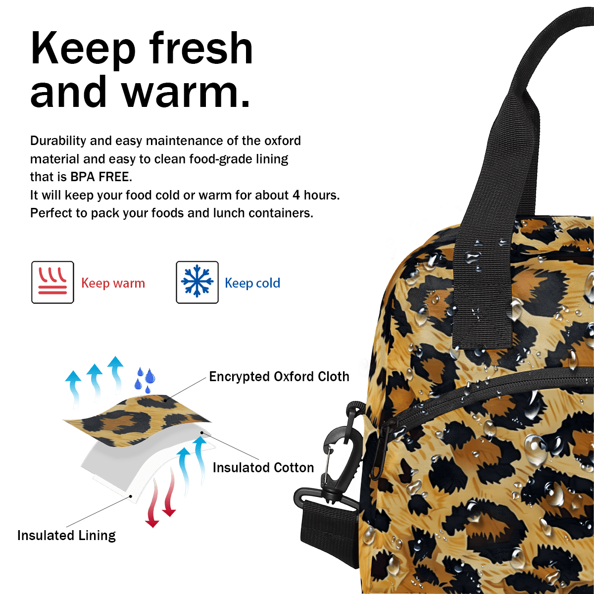 Herdesigns Leopard Print Insulated Lunch Bag for Women Men Adults Large Reusable Lunch Box Wild Animal Cheetah Skin Pattern Leakproof Cooler Tote Bags with Adjustable Shoulder Strap