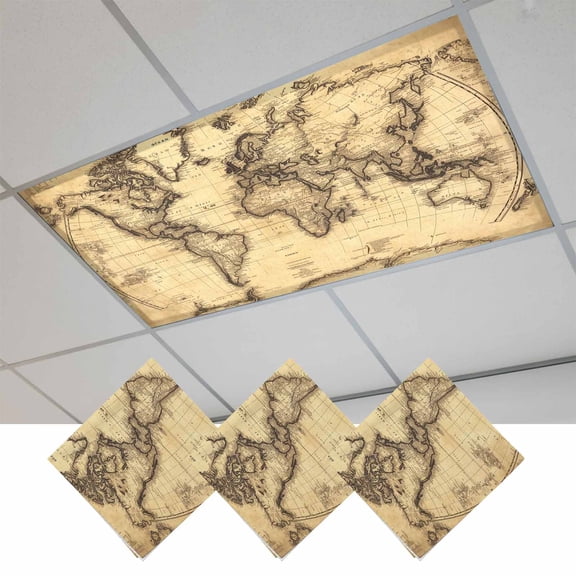 Beige Map Magnetic Fluorescent Light Covers for Ceiling Lights 2x4Ft, Retro Farmhouse Abstract Illustration Art Office Classroom Kitchen Drop Ceiling Light Covers Lighting Filters Shade Panel 3 Packs