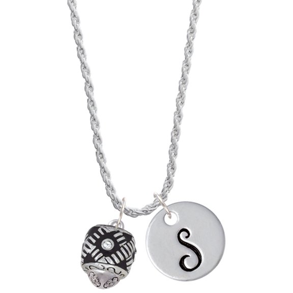Delight Jewelry Silvertone Diagonal Banded Barrel with Clear Crystals Spinner Silvertone Script Initial Disc - S - Charm Necklace, 20"+3"