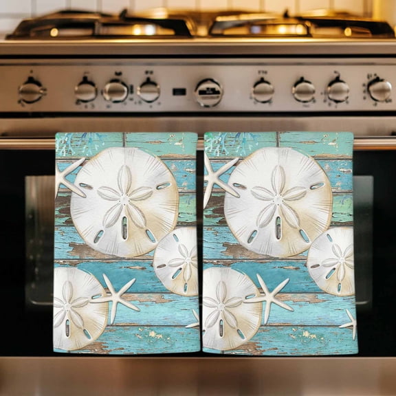 Coastal Sand Dollar Kitchen Towels Set of 1, Summer Beach Coral Teal Blue Wood Absorbent Dish Towels for Kitchen, Microfiber Hand Towel, Quick Drying Tea Towel for Cleaning Decorative Dishcloths