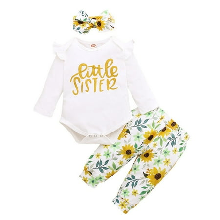 

3Pcs Toddler Baby Girls Sister Matching Outfits Set Long Sleeve Romper T-shirt Tops+Floral Skirt Pants+Bow Headband