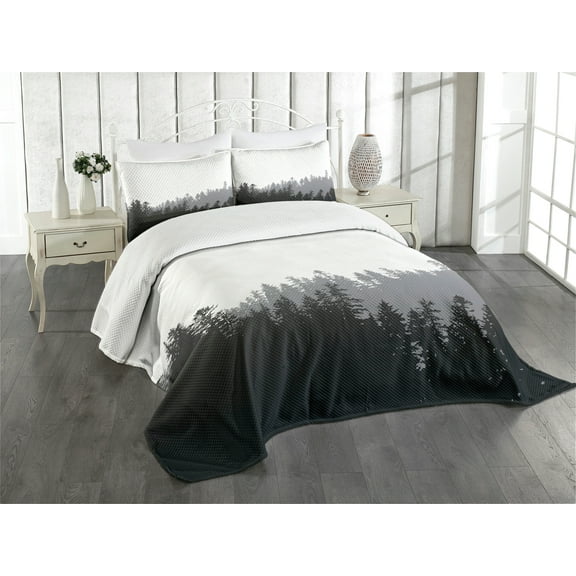Ambesonne Forest Quilted Bedspread Set 3 Pcs, Abstract Wild Spruces, Queen Size, Black Grey White