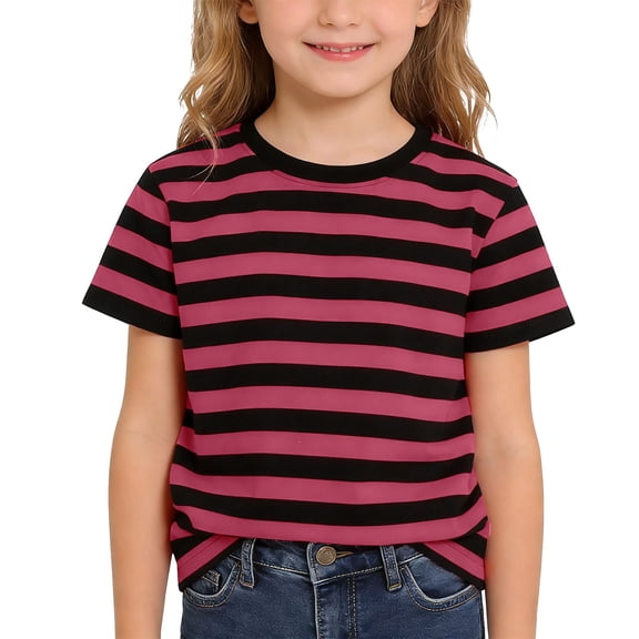 Striped Print Short Sleeve Girls Boys Casual Kids Tees Shirts Blend Daily Wear Clothes