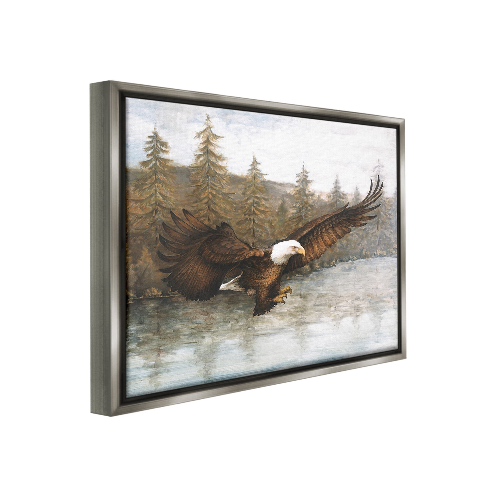 Stupell Industries Flying Eagle over Lake Animals & Insects Painting Gray Floater Framed Canvas Art Print Wall Art, 21 x 17