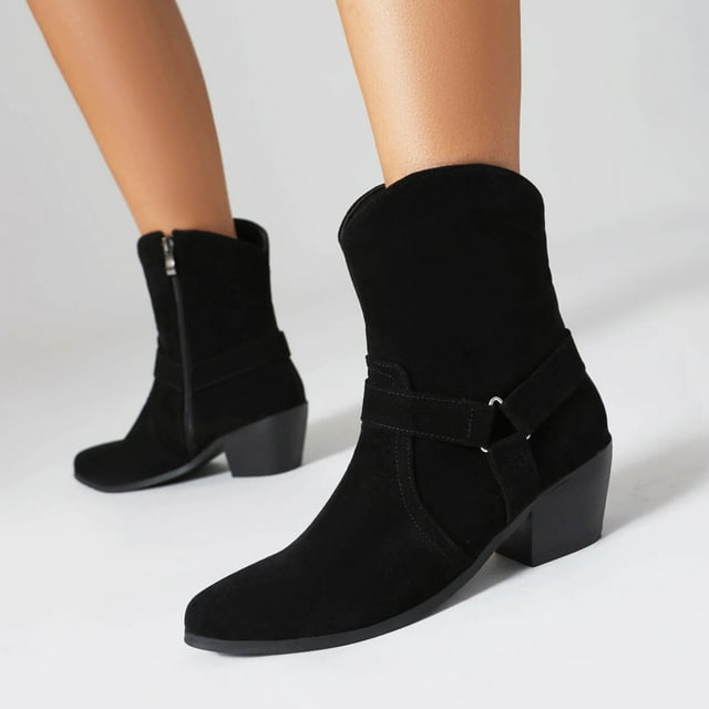 zhenglin Bottes Western pour Femmes - Style Britannique à Talon Bas pour l'Automne et l'Hiver
