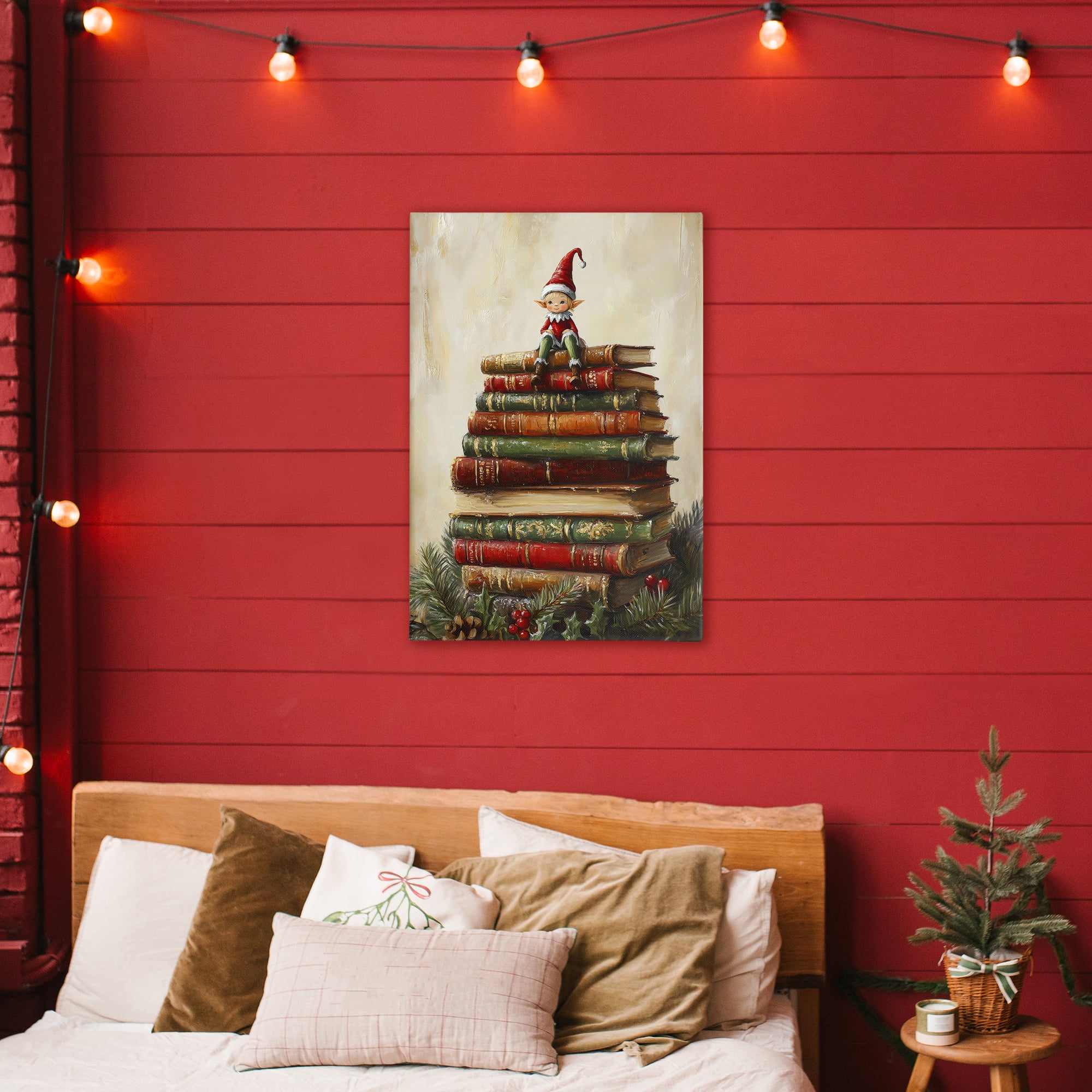 Christmas Elf Bookstack Canvas Wall Art, design by Petal Prints Design