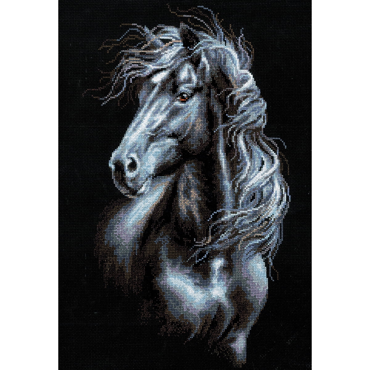 Riolis Horse Breeze Through Mane Cross Stitch Kit 11.75x17.75 on Black Aida