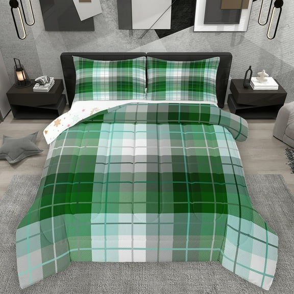 Homewish Classic Geometric Plaid Bedding Comforter Set,Modern Abstract Checkered Twin Comforter Sets,Green White Bedding Set For Girl Boys,Microfiber Bedroom Decor Reversible,2 Pieces