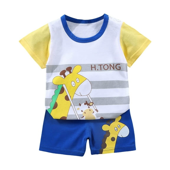 NIEWTR Toddler Baby Boy Girls Outfit Cartoon Print T Shirts Top Plaid Elastic Shorts Set 2Pcs Birthday Infant Dinosaur Summer Set For 18-24 MonthsChildren's Day Gift 2PCS Set ,6-12 Months