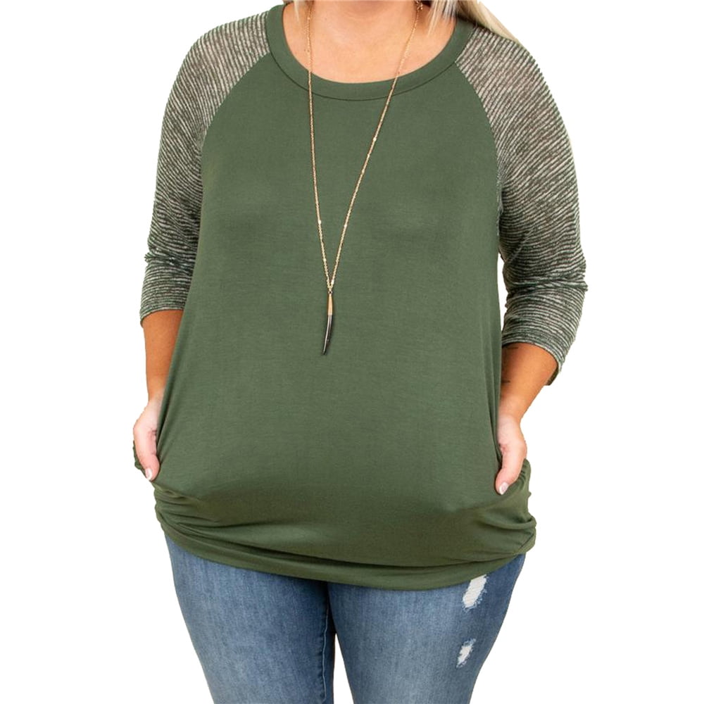 Womens Plus Size Raglan Shirt 3/4 Sleeve T-shirt with Pockets - Walmart.com