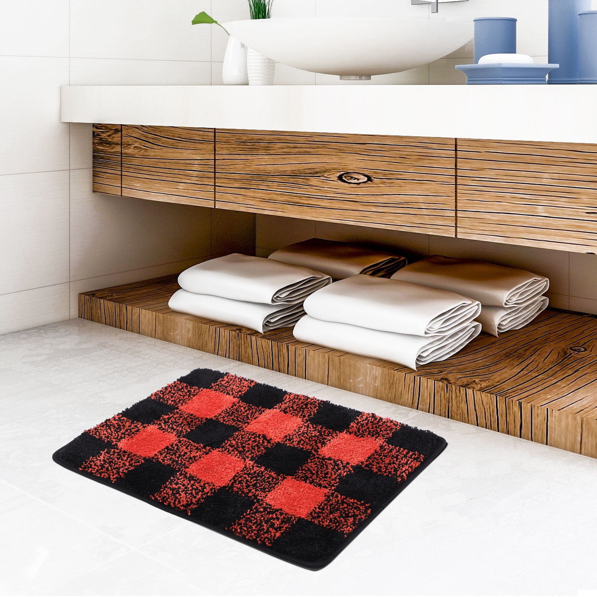 Unique Bargains Soft Microfiber Plaid Bathroom Rugs Black & Red 17"x24"