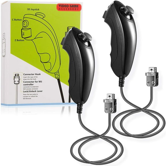 2-Packs Wii Nunchuk Controller Replacement and Joystick Gamepad For Home Video Games Wii Remote,Compatible for Wii and Wii U Console Gaming System,Black