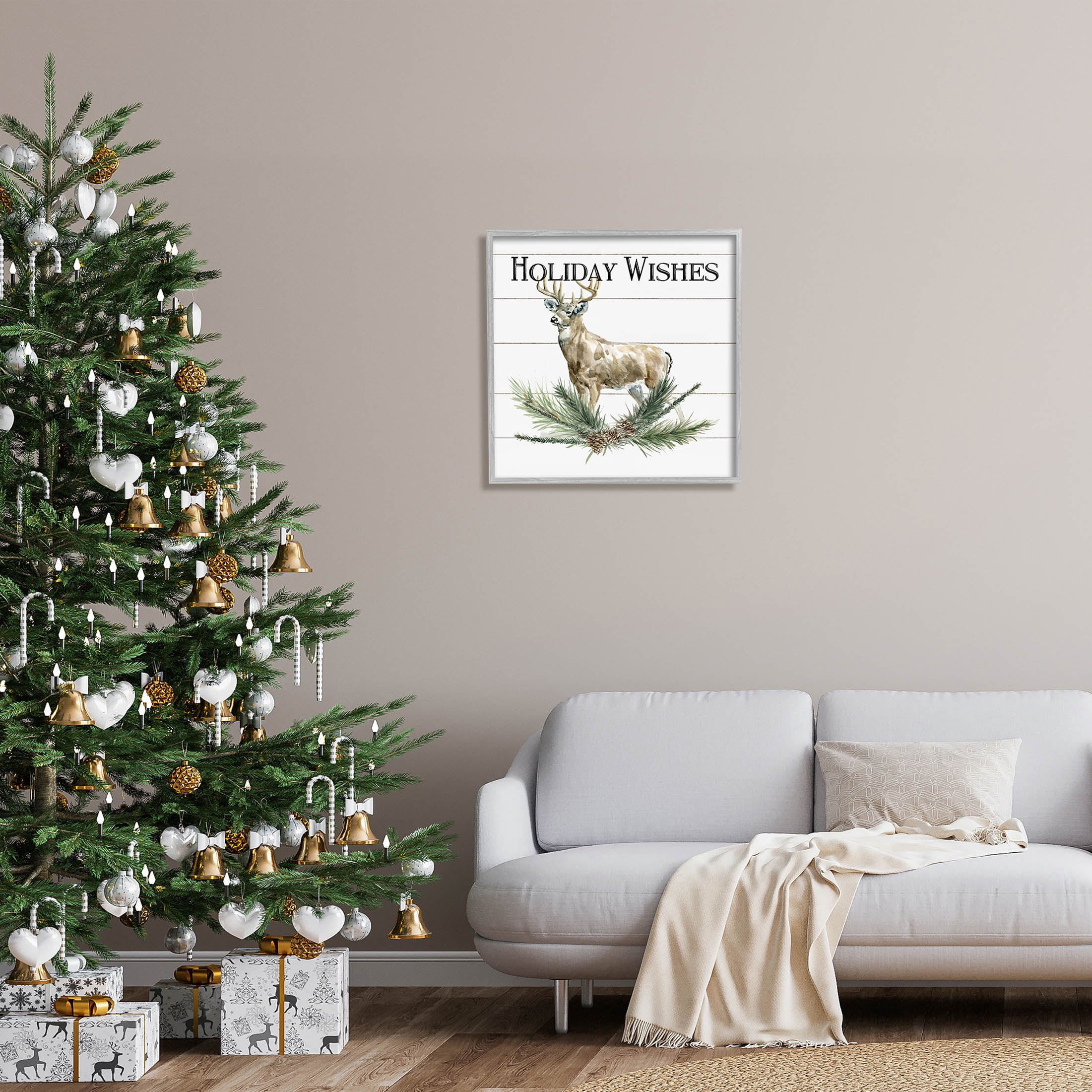 Stupell Industries Holiday Wishes Seasonal Deer Graphic Art Gray Framed Art Print Wall Art, Design by Carol Robinson