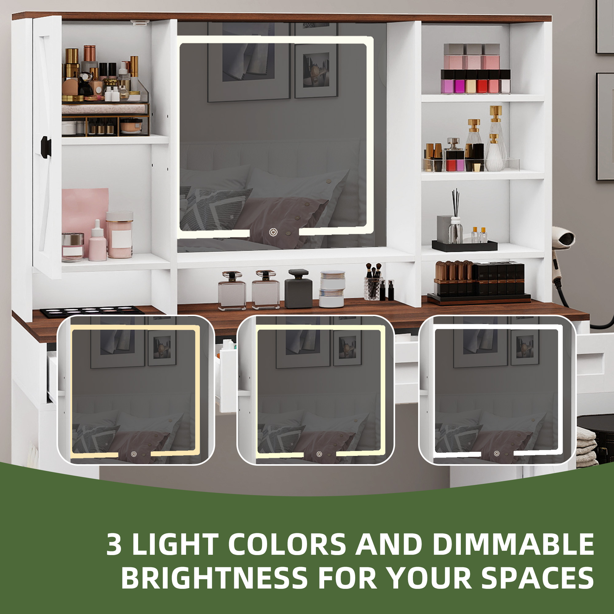 Uforic 360° Rotation Large White Makeup Vanity Desk with LED Mirror, Farmhouse Dressing Table with 6 Drawers Storage - Bedroom Furniture