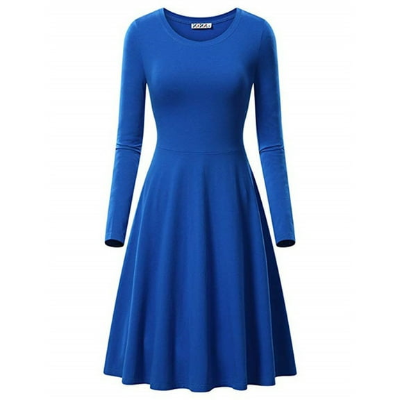 Women Dresses Fall Winter Round Neck Loose Elegant Wrinkle-Free Long Sleeve Tapered Waist Vacation Midi Dress Dressy Dresses for Curvy Women Blue S-4XL