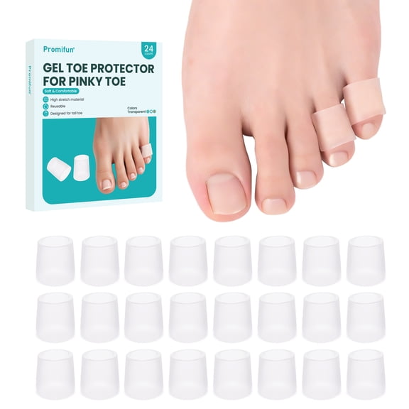 Promifun Pinky Toe Protector Silicone Toe Sleeves for Corns Blisters Hammer Toes Pain Relief 24 Pack,Clear