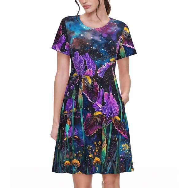 Easygdp Starry Night Iris Field para Vestido Transpirable de Mujer, Vestido Suelto de Manga Corta con Pliegues y Bolsillos para el Verano