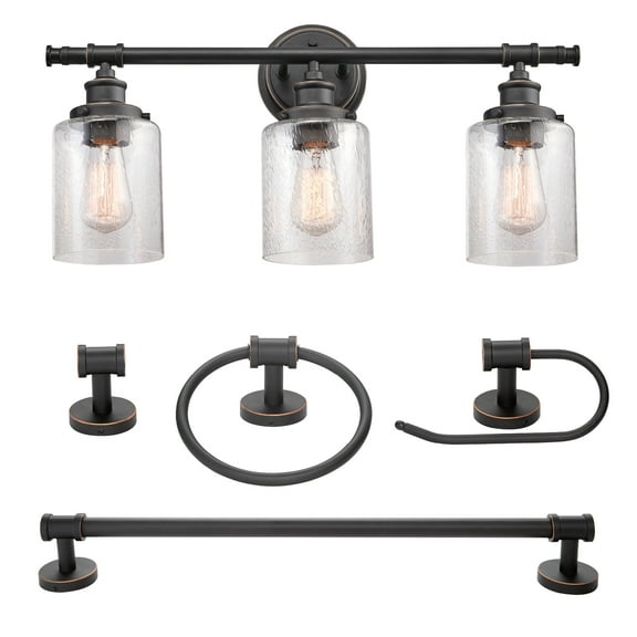 Globe Electric Vintage Style 5-Piece Bronze Bath Set with 23" 3-Light LED Vanity Light