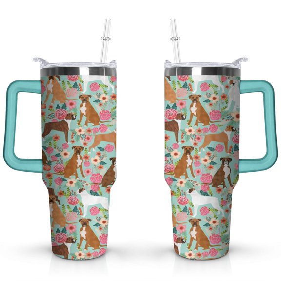 Cute Dog Design 40oz Tumbler with Handle - Double Wall Insulated Coffee Mug for Women - Dog Mom Gift Travel Cup with Straw