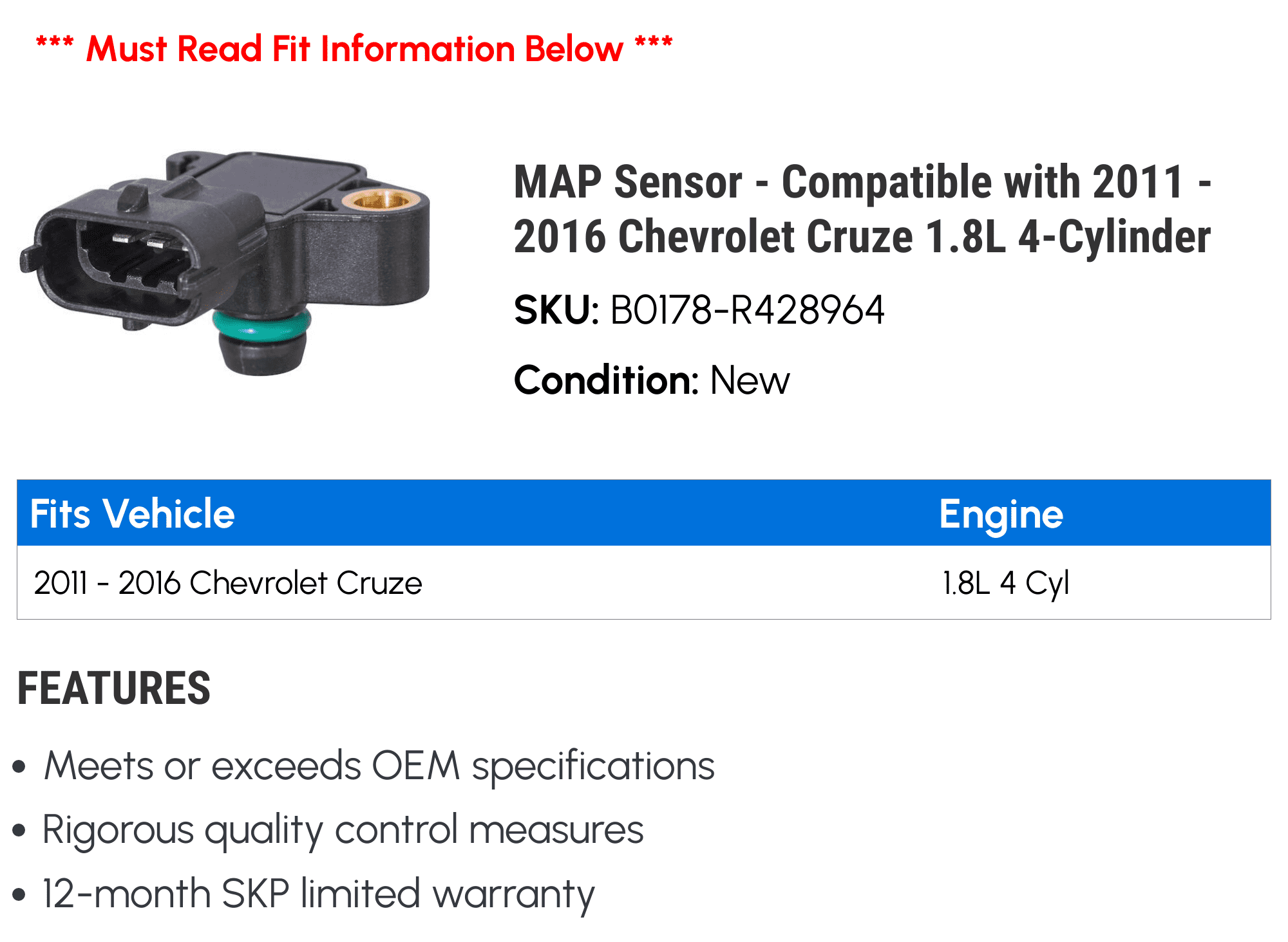 MAP Sensor - Compatible with 2011 - 2016 Chevy Cruze 1.8L 4-Cylinder 2012 2013 2014 2015