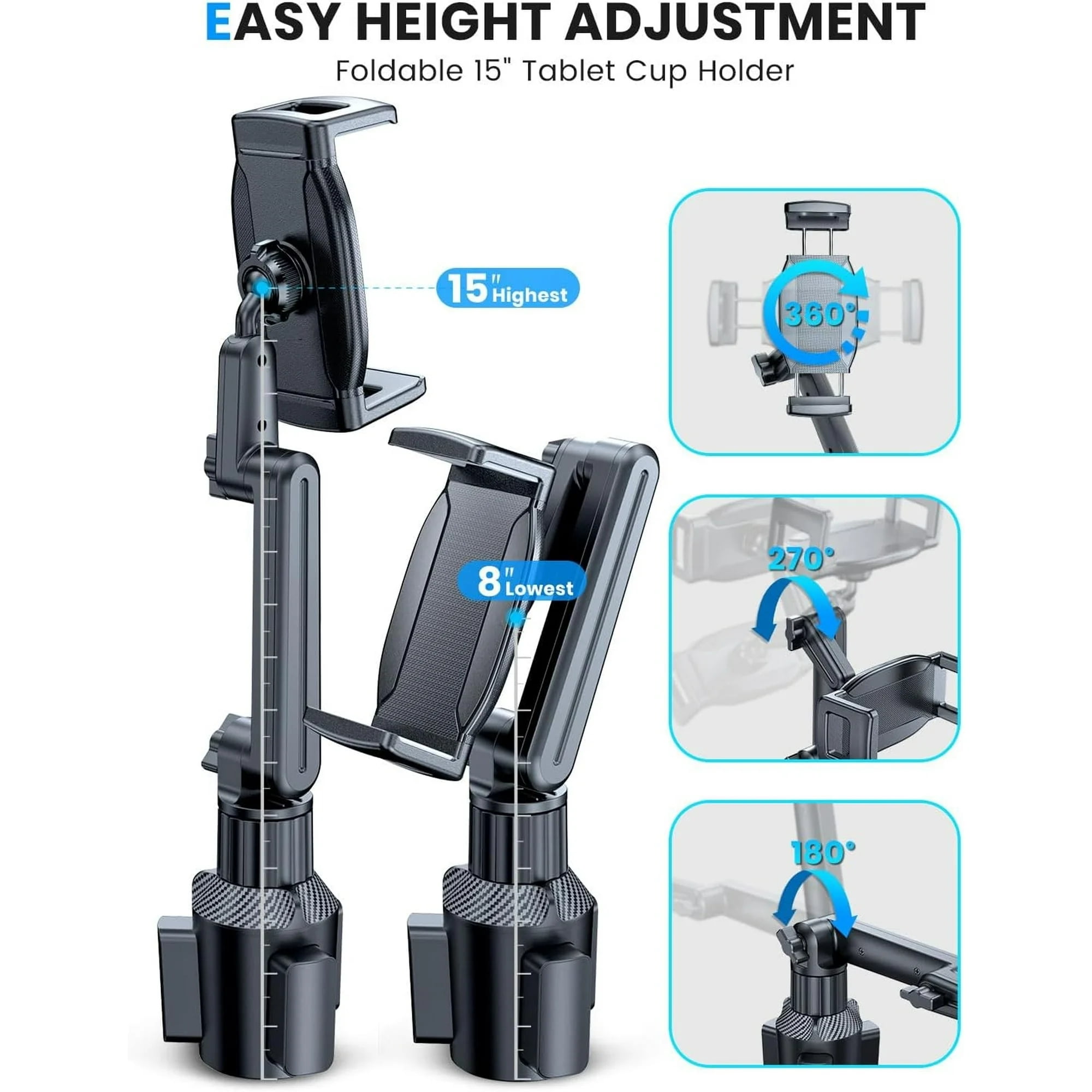 Tablet Holder for Car, for iPad Cup Holder Car Mount with 1.57" Depth Large Clamp 15" Height Adjustable for iPad Holder for Car for 6"-12.9" Cell Phone iPhone iPad Stand Travel Accessories