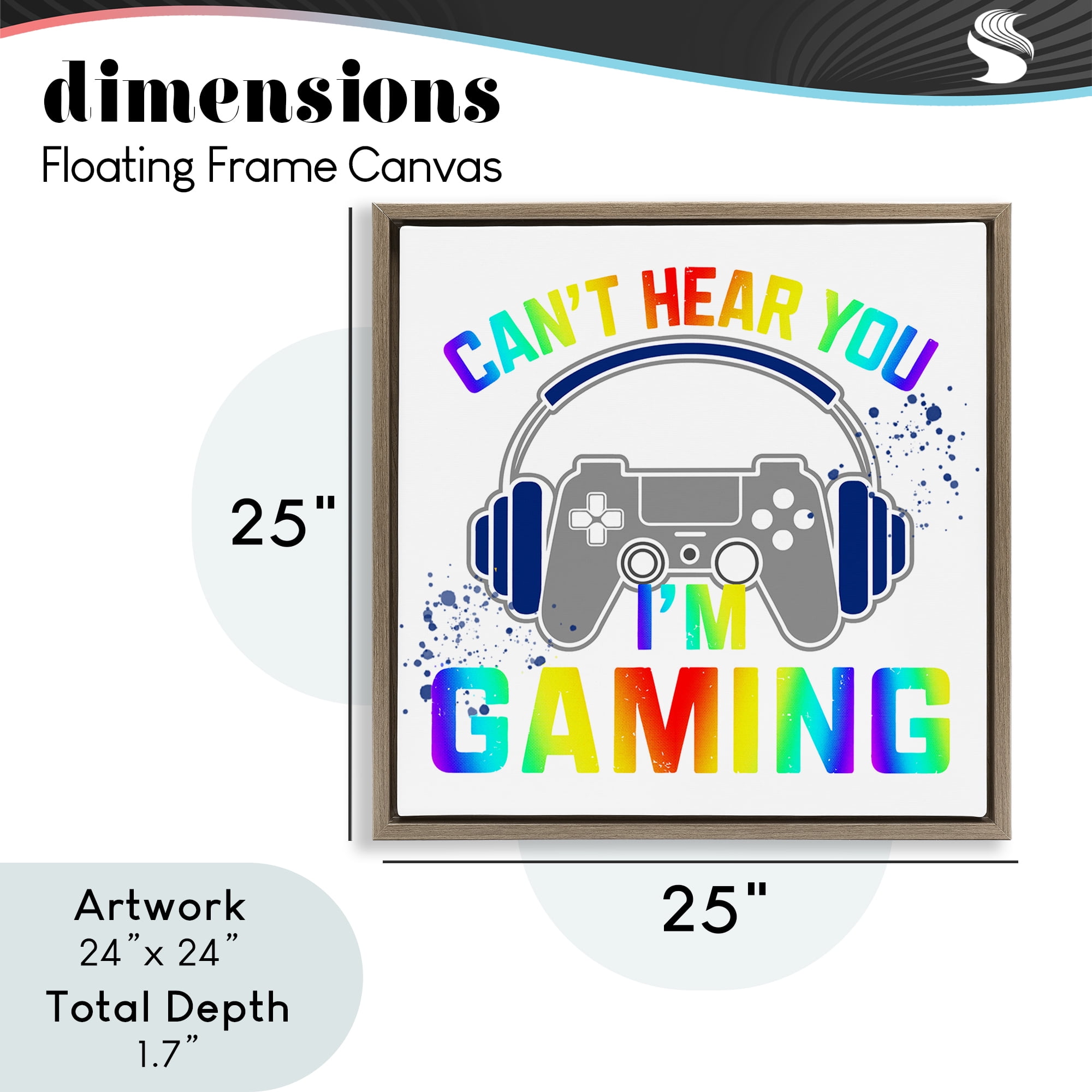 Rainbow Can't Hear You Gaming Brown Framed Floater Canvas Wall Art, design by Kim Allen
